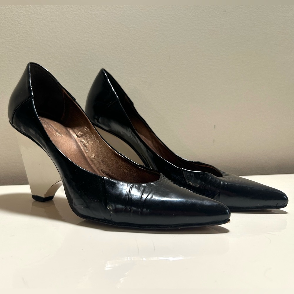 Rare Julia Lundsten for Ports 1961 Black Patent Leather with White Wood Heel S 7
